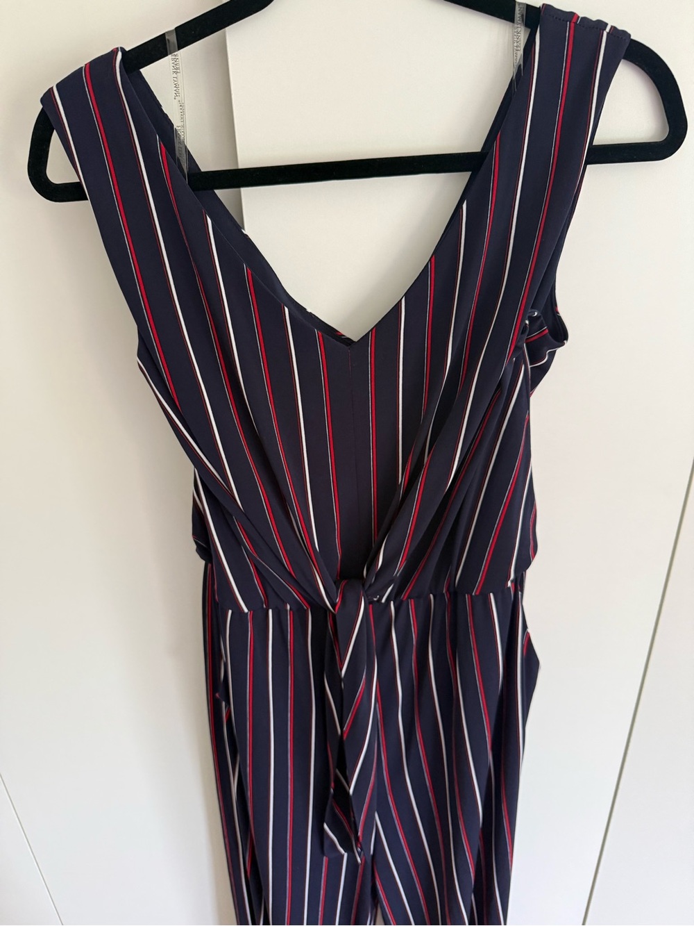 Frank Lyman Design Navy Striped Jumpsuit with Red and White Pinstripes